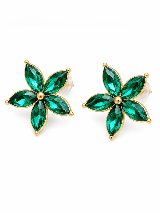 Jewelry - Gold-Tone Emerald Green Flower Stud Earrings
